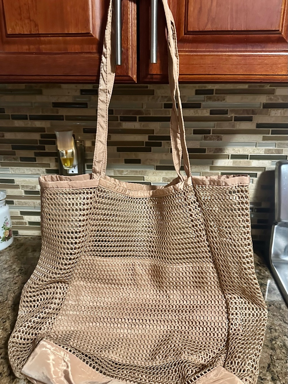 Beach Neutral Beige Mesh Tote Bag with Long Straps